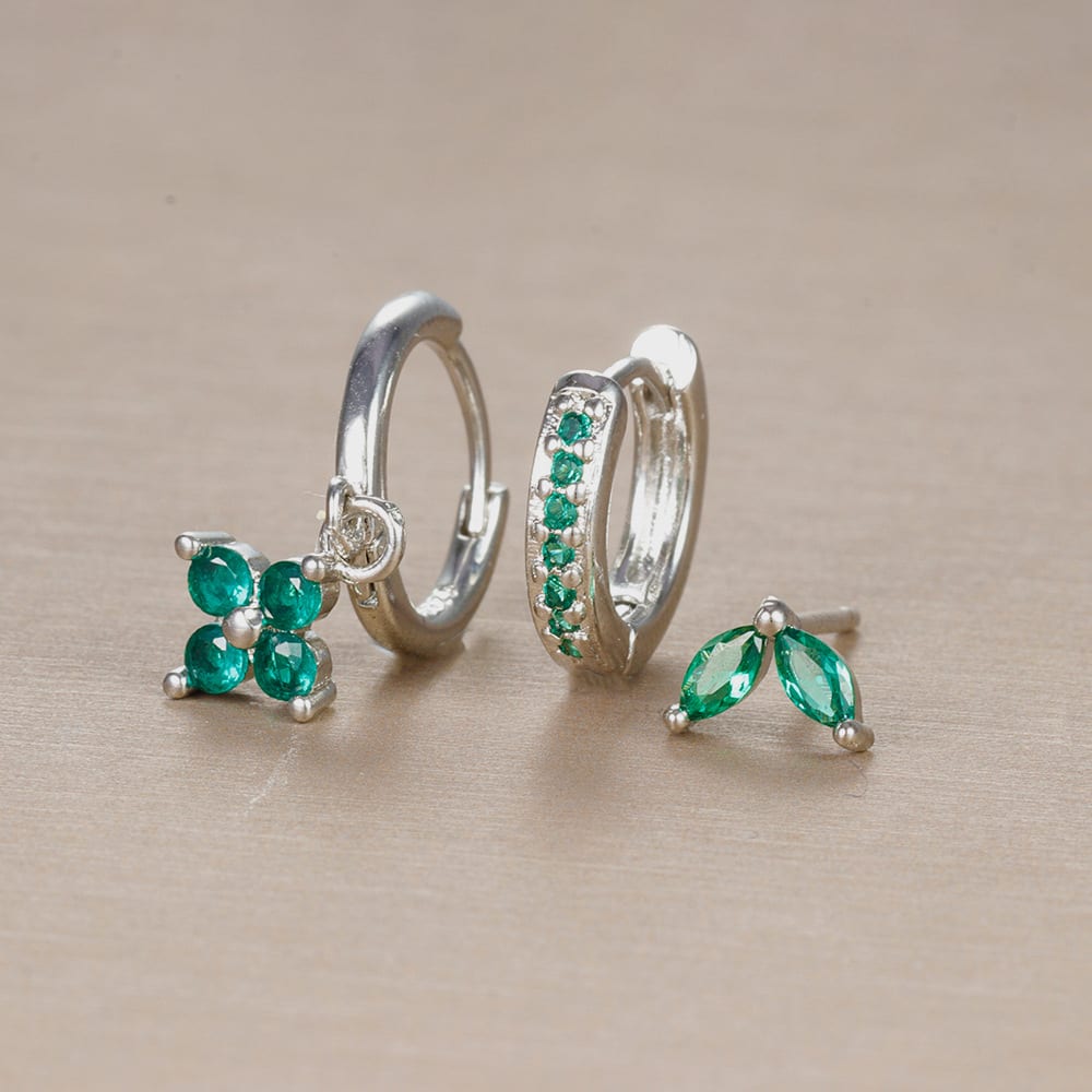 Flower Studded Diamond Stacked Earring Set view 8