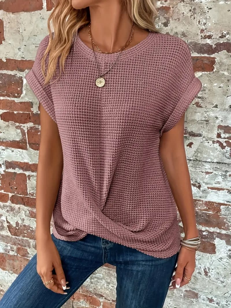 Short-sleeved Waffle T-shirt Summer New Solid Color Crew Neck Top For Womens Clothing view 3