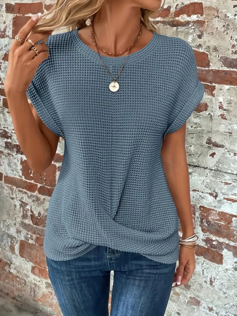 Short-sleeved Waffle T-shirt Summer New Solid Color Crew Neck Top For Womens Clothing view 13