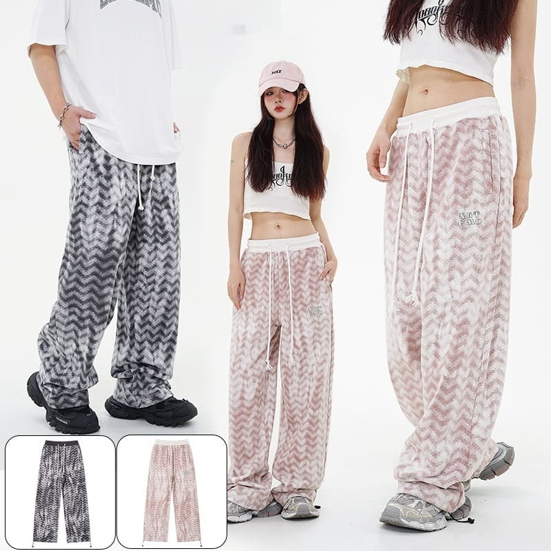 Diamond-shaped Corrugated Plaid Loose Casual Outdoor Contrast Color Drawstring Wide-leg Pants view 5