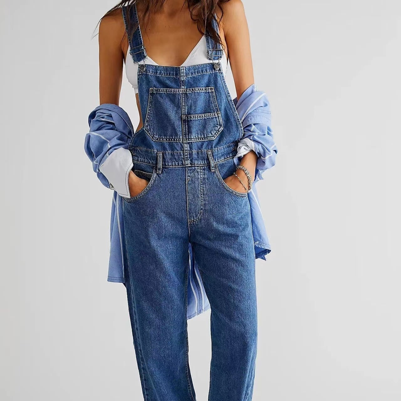 Women's High-Waisted Jumpsuit Overalls With Pockets Loose Fit Denim Trousers Casual Straight Leg Pants view 7