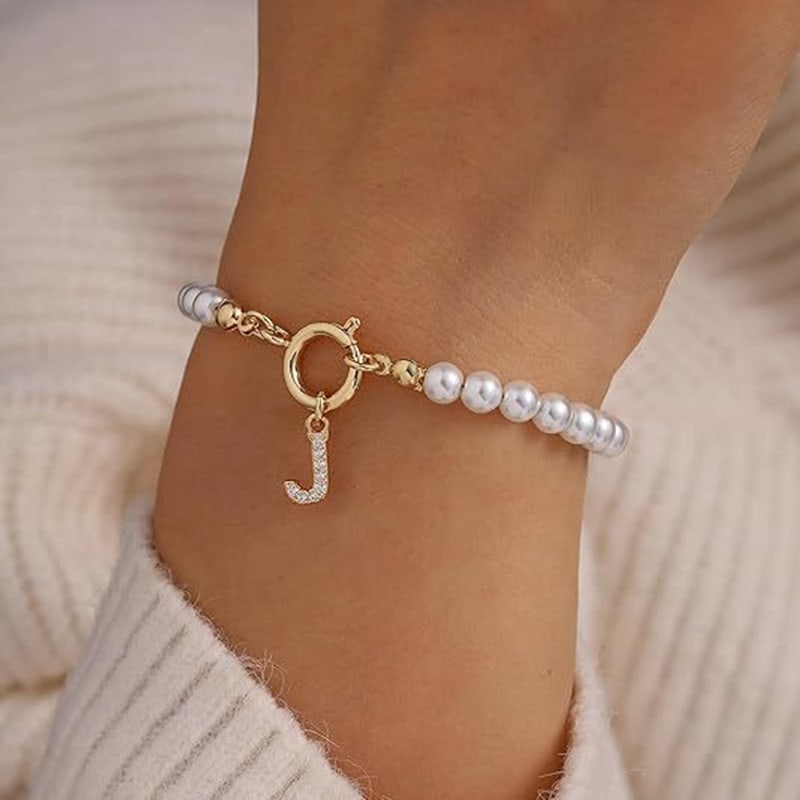 New Fashion Toggle Clasp Initial Bracelet Women A-Z Letter Pendant 6mm Pearl Bracelet For Women Jewelry Gift view 16