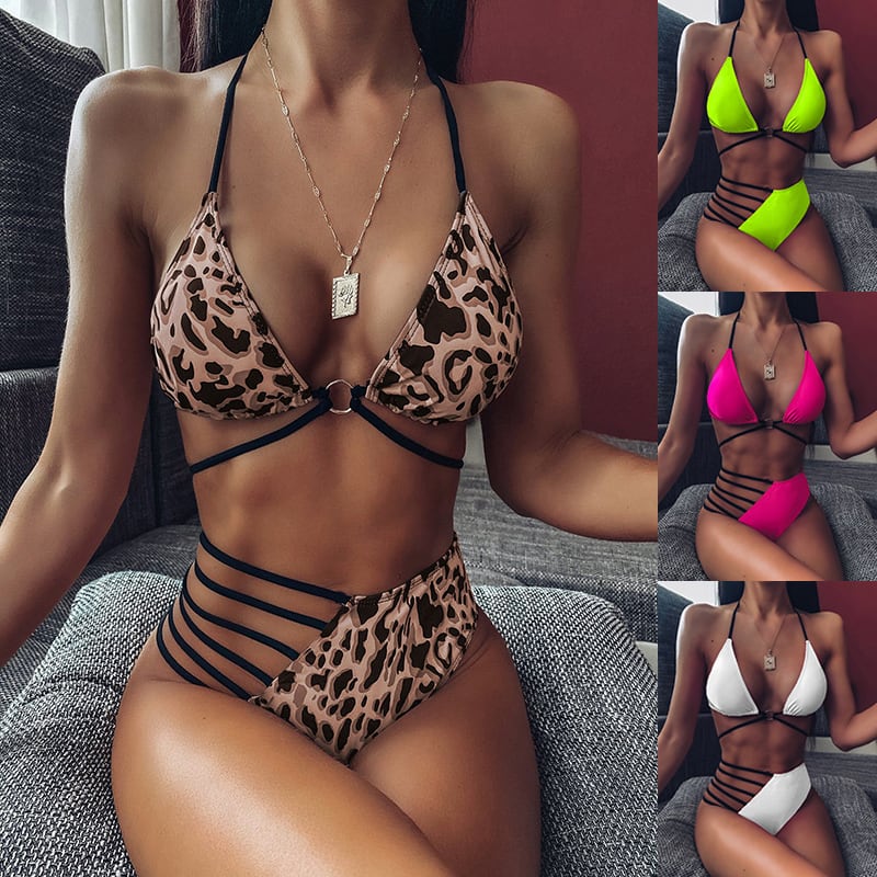 Two-piece Halter Neck Bikini Leopard Print Cutout Strap Swimsuit Set Summer Beach Womens Clothing view 2