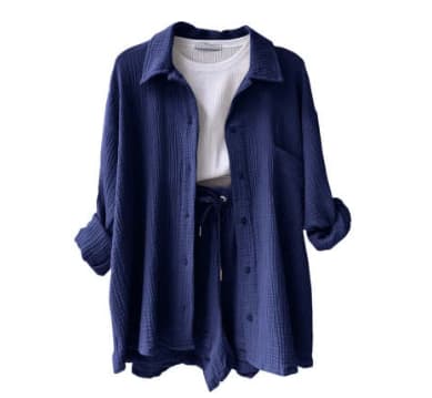 Women's Wrinkled Fabric Lapel Long Sleeved Shirt Shorts Fashion Casual Set view 18