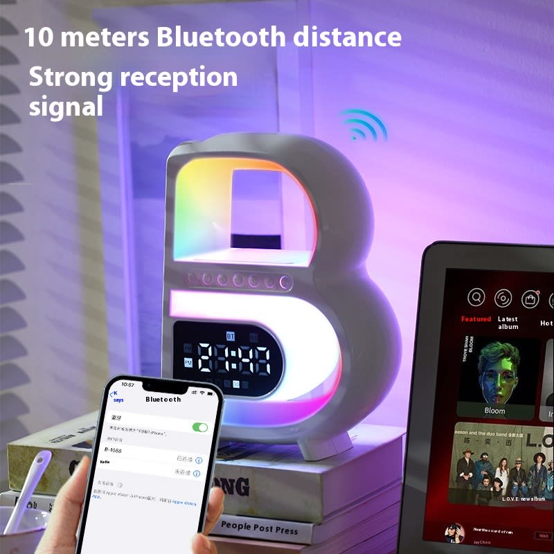 New B-Shaped Blutooth Speaker Multifunctional Smart Music Rhythm Lighting Phone Wireless Charger TF Card AUX Input Standard Mode view 11