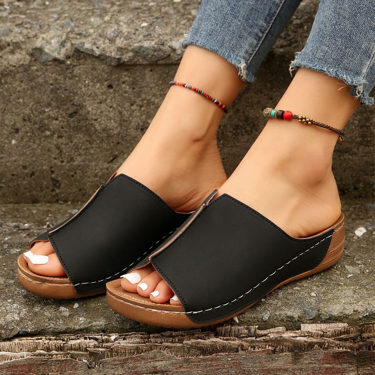 Fashion Solid Wedges Sandals Summer Casual Peep-toe Slippers Outdoor Thick Sole Heightening Slides Shoes Women view 2