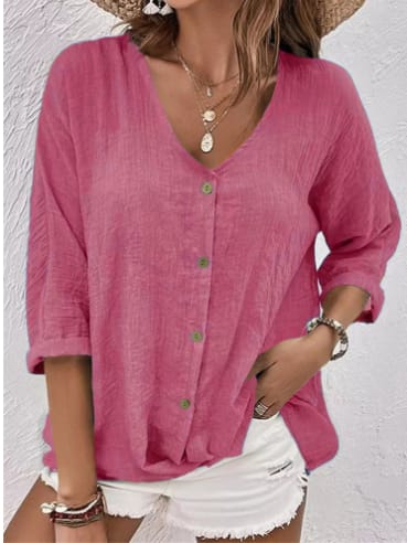 V-neck Long-sleeved T-shirt Fashion Solid Color Button Top Casual Loose Clothing For Women view 11