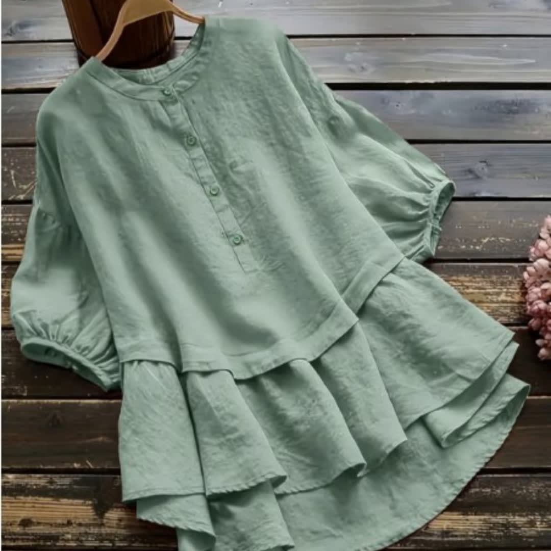 Women's Solid Color Buttons Cotton And Linen Short Sleeve Mid-length Shirt view 4