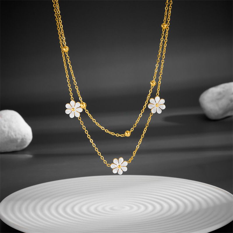 Fashion Jewelry Stainless Steel Flower DaisyFlower Necklace Double Layering Necklace Earrings Jeweley Set view 9