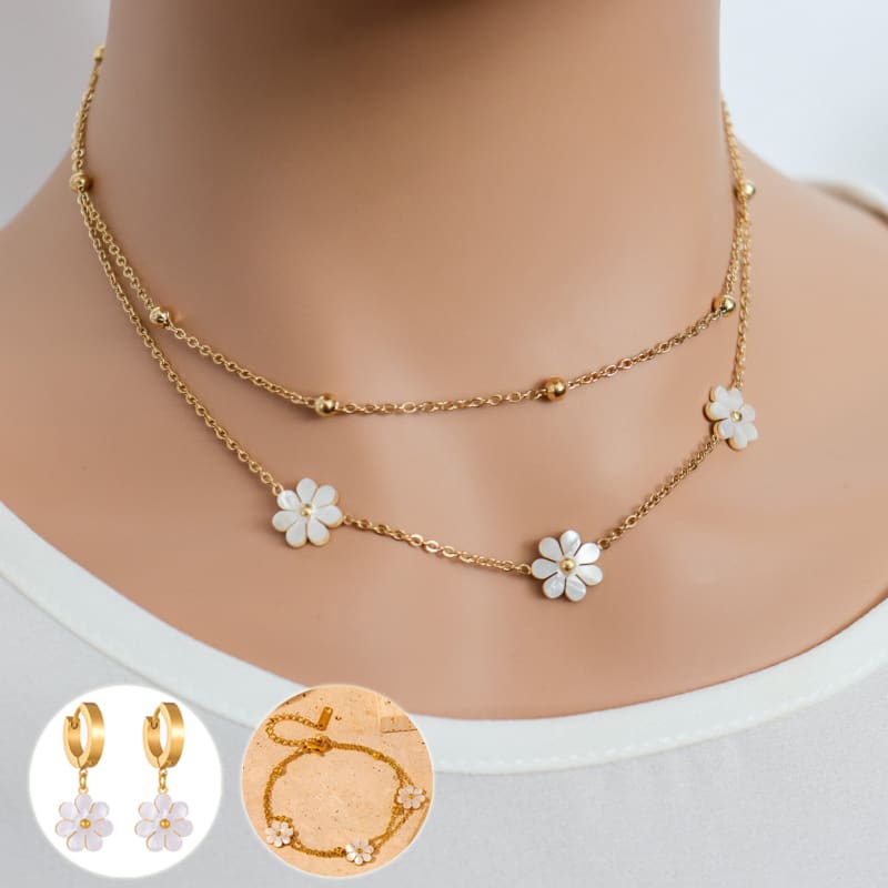 Fashion Jewelry Stainless Steel Flower DaisyFlower Necklace Double Layering Necklace Earrings Jeweley Set view 6