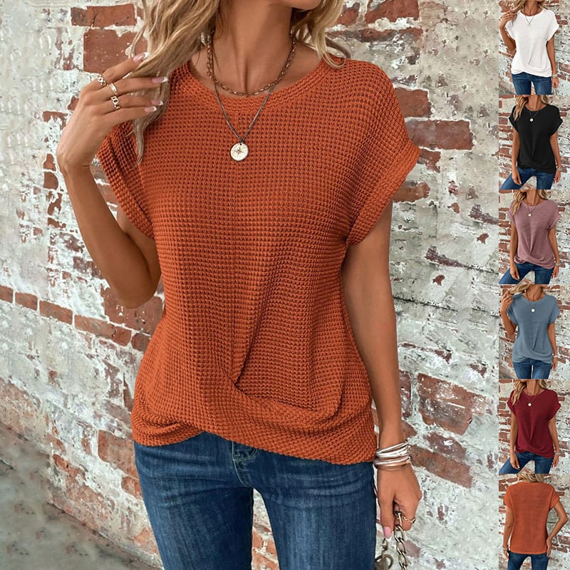 Short-sleeved Waffle T-shirt Summer New Solid Color Crew Neck Top For Womens Clothing view 9