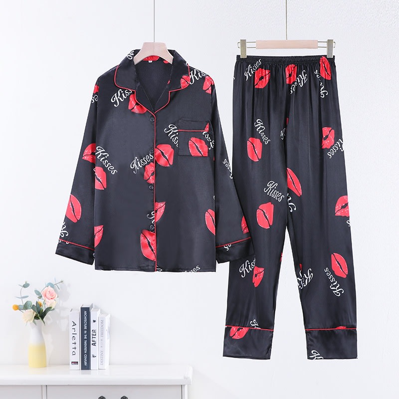 Women's Casual Long Sleeve Artificial Silk Camisole Striped Homewear Suit view 2