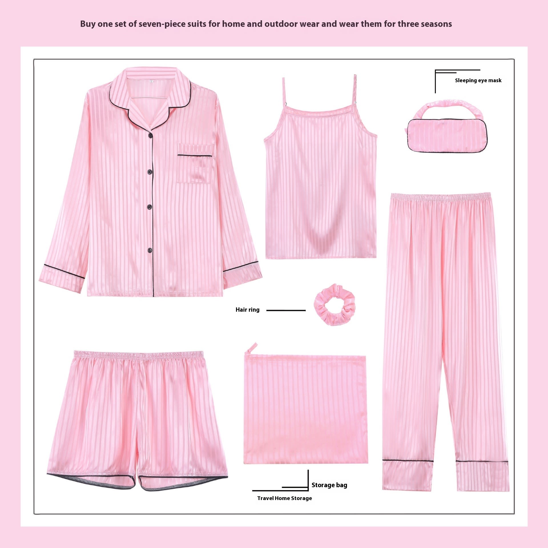 Women's Casual Long Sleeve Artificial Silk Camisole Striped Homewear Suit view 7