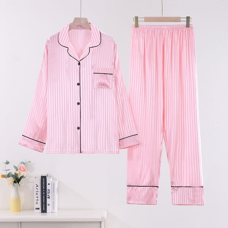 Women's Casual Long Sleeve Artificial Silk Camisole Striped Homewear Suit view 14