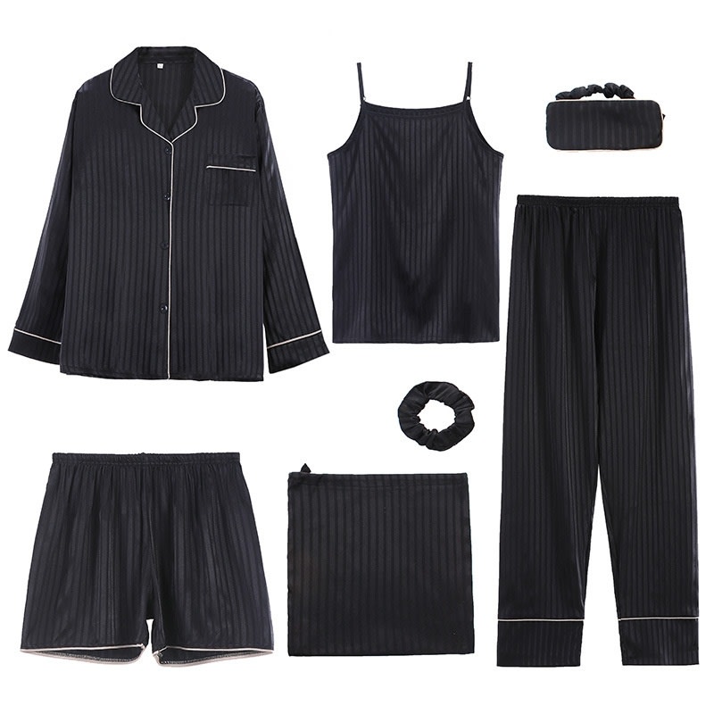 Women's Casual Long Sleeve Artificial Silk Camisole Striped Homewear Suit view 15