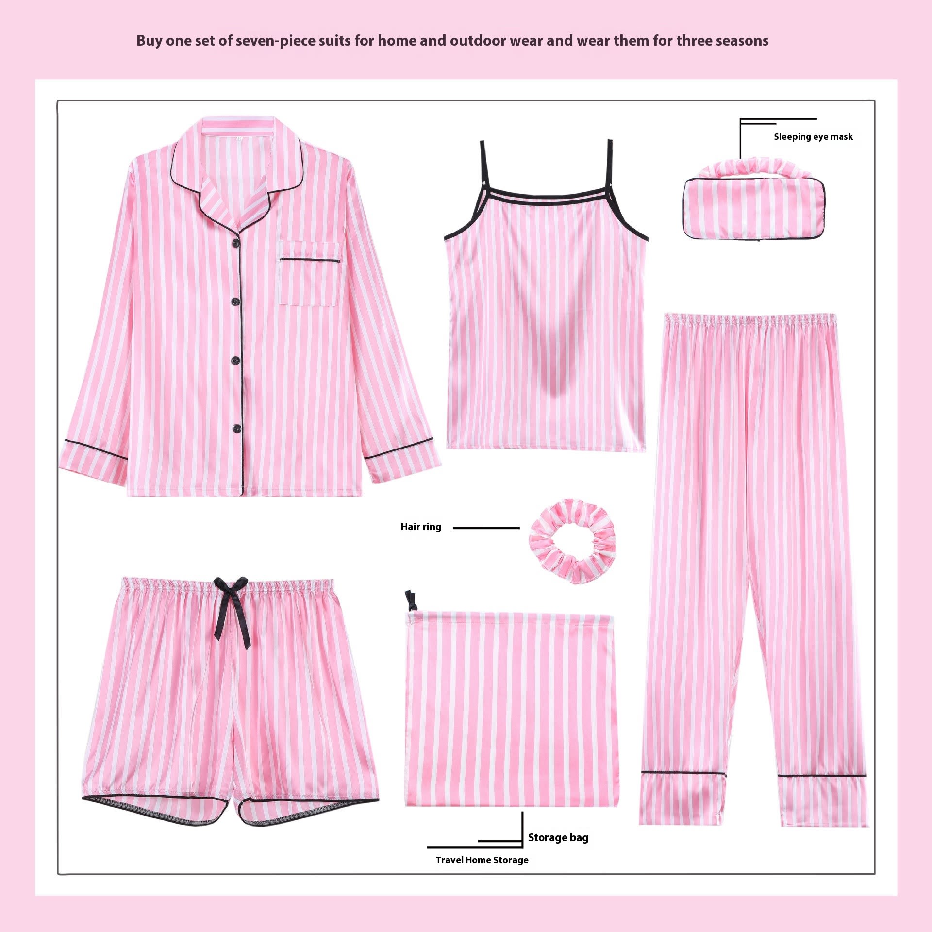Women's Casual Long Sleeve Artificial Silk Camisole Striped Homewear Suit view 6
