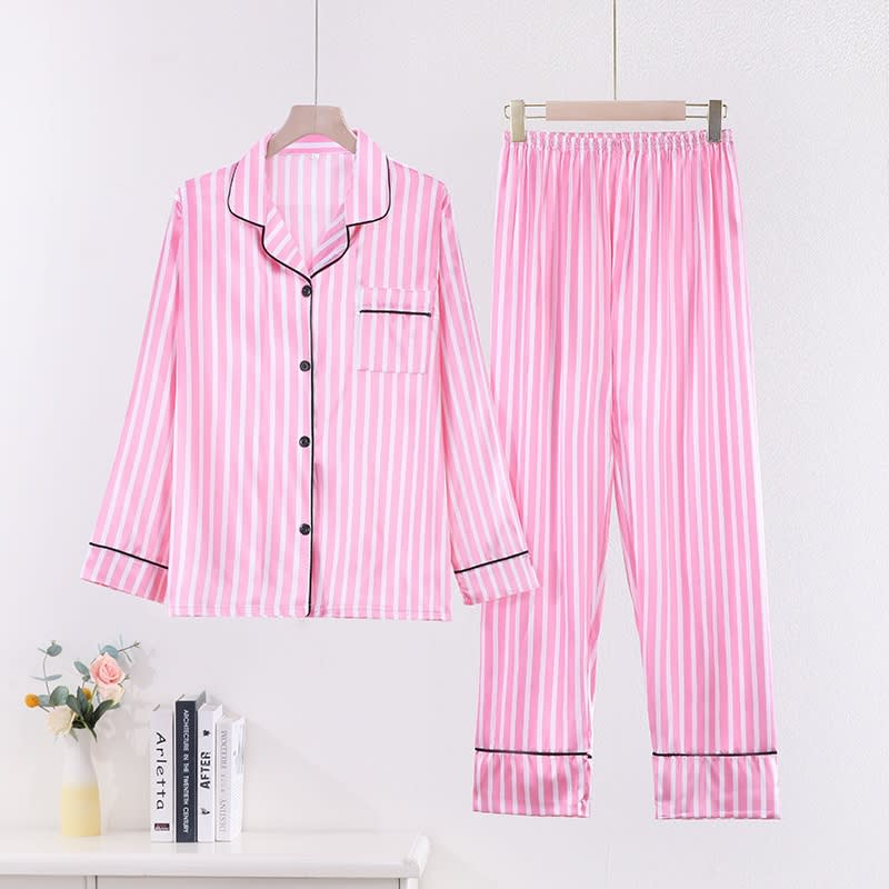 Women's Casual Long Sleeve Artificial Silk Camisole Striped Homewear Suit view 11