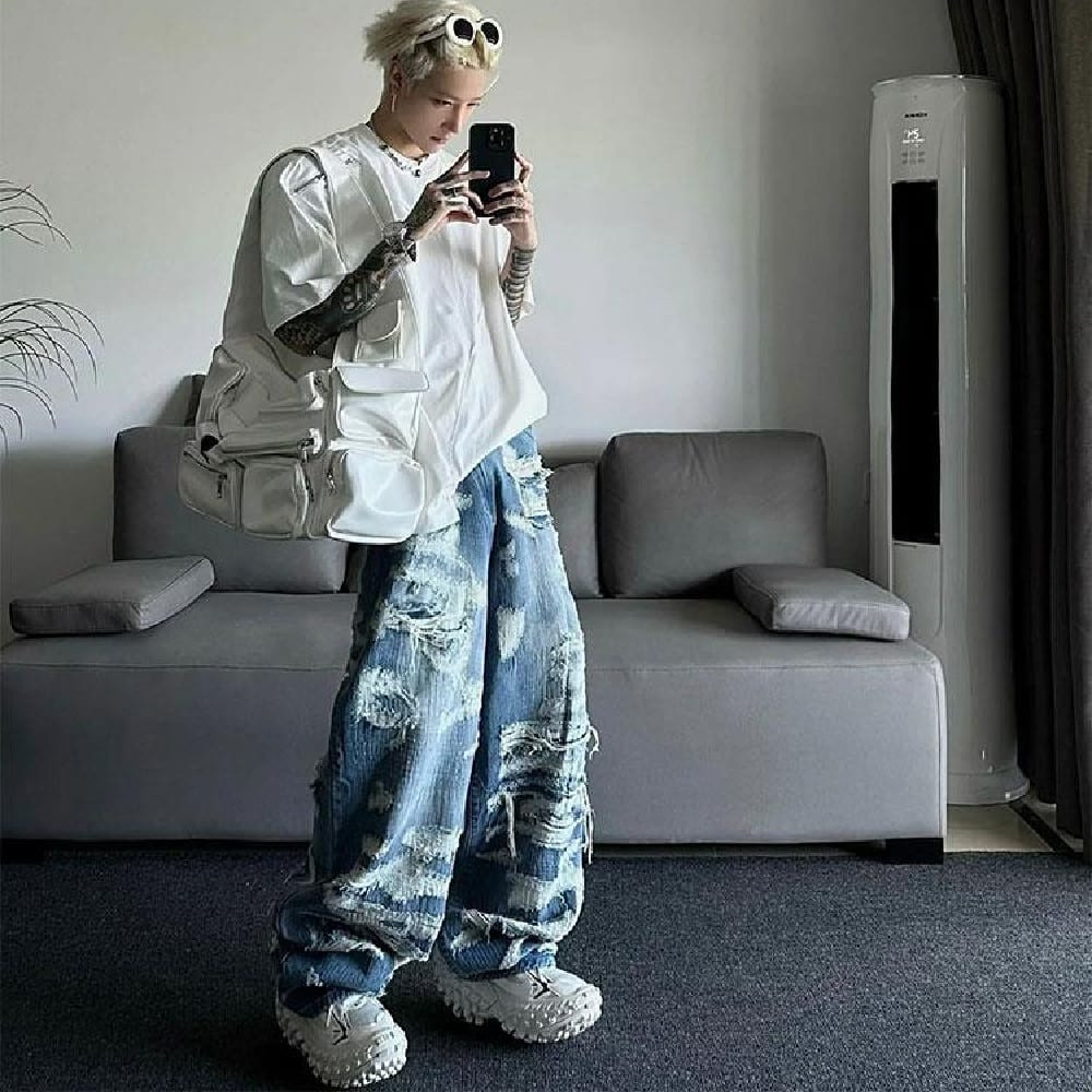 T European And American Fashion Brand Blue With Holes Jeans Men's Autumn Thin American Chic Pants Wide Leg view 2