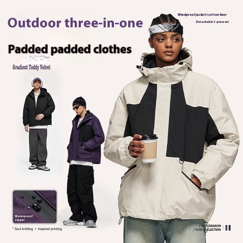 Outdoor Three-in-one Fleece-lined Thickened Removable Three-proof Two-piece Down Cotton Jacket view 4