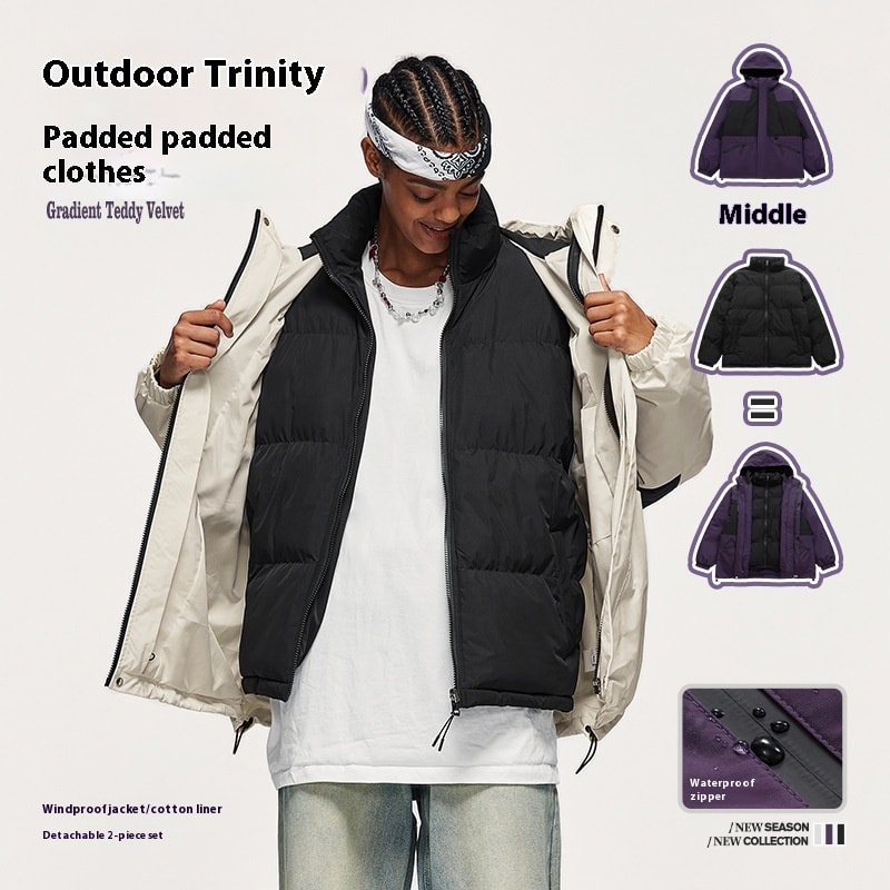 Outdoor Three-in-one Fleece-lined Thickened Removable Three-proof Two-piece Down Cotton Jacket view 2