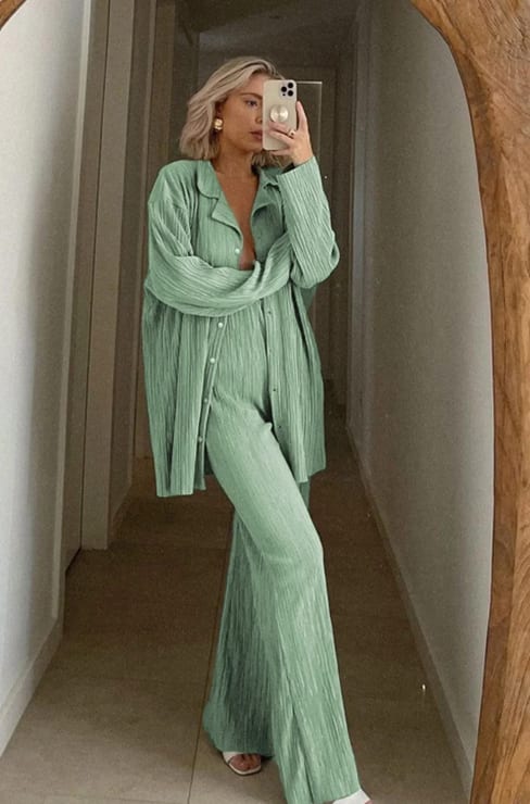 Pleated Design Shirt Outfit Straight-leg Trousers Loose Drooping Two-piece Set view 21