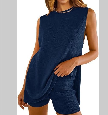 2pcs Women's Knitting Suit Summer Loose Round Neck Split Vest Top And Shorts Beach Clothing view 5