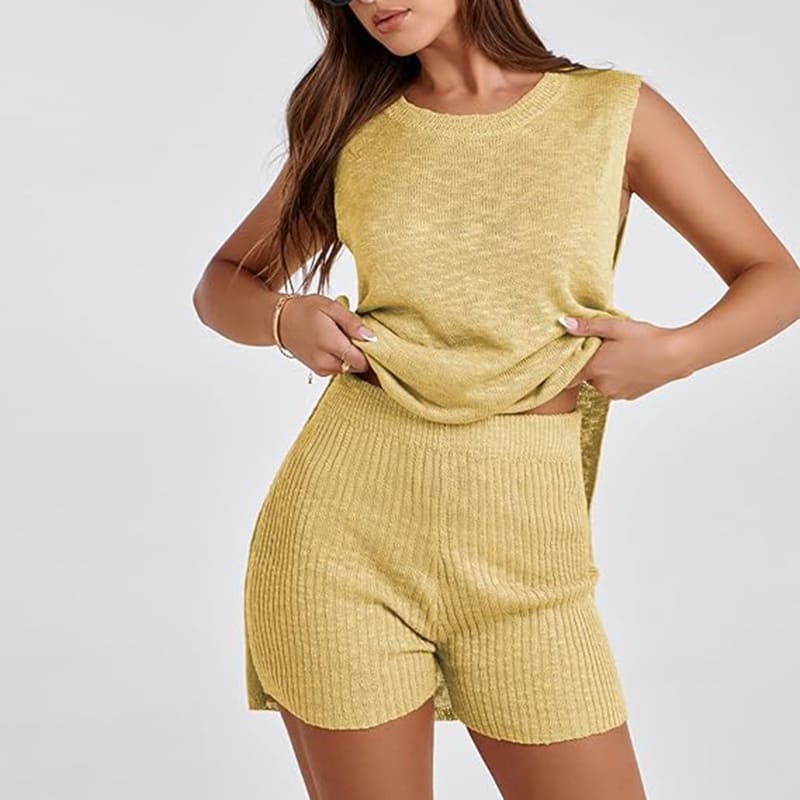 2pcs Women's Knitting Suit Summer Loose Round Neck Split Vest Top And Shorts Beach Clothing view 8