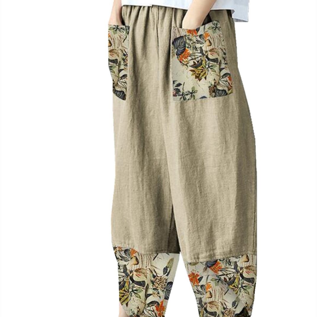 Women's Fashion Loose Casual Cotton Linen Elastic-waist Cropped Pants view 1