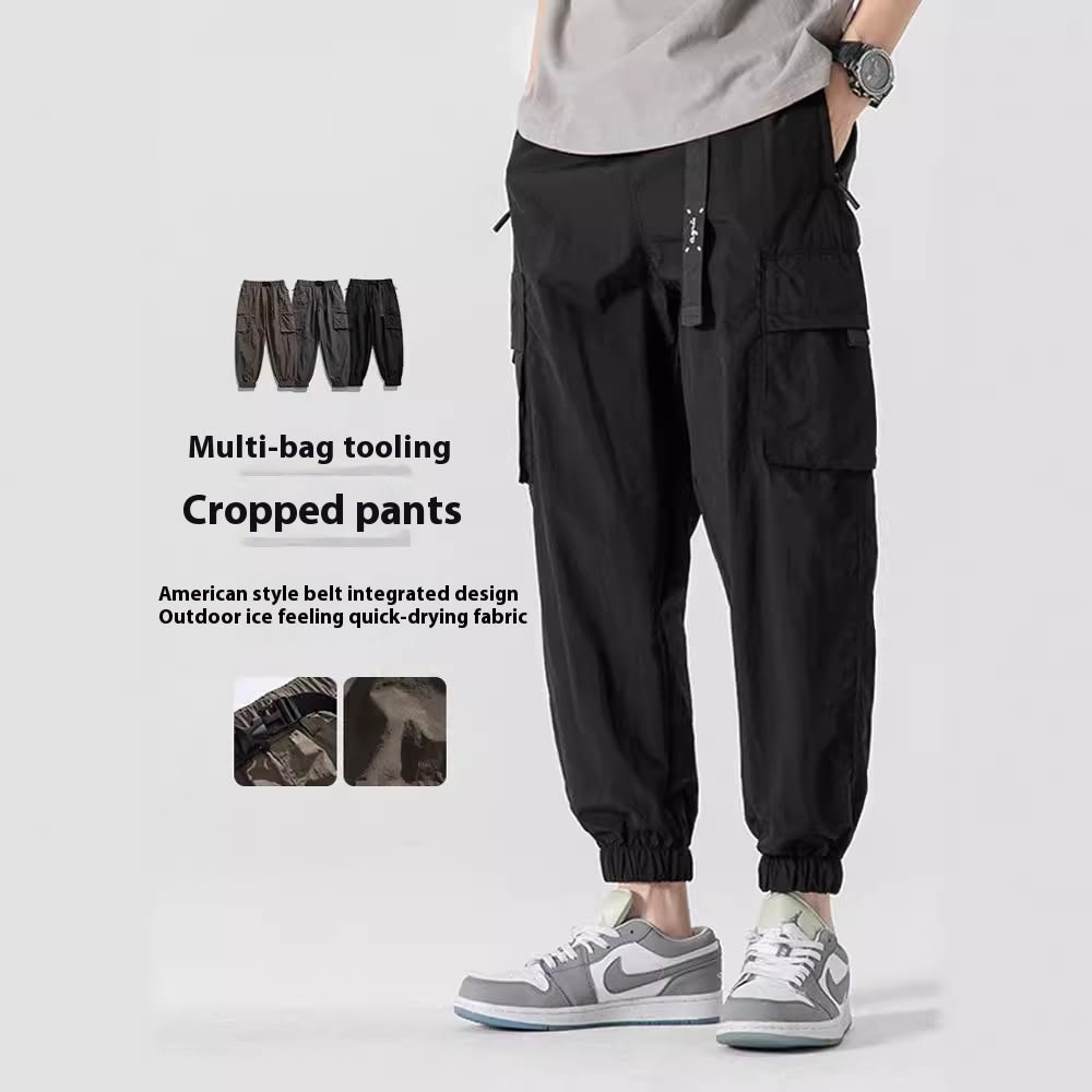 Retro Japanese Multi-pocket Workwear Ankle-tied Ice Silk Casual Pants view 4