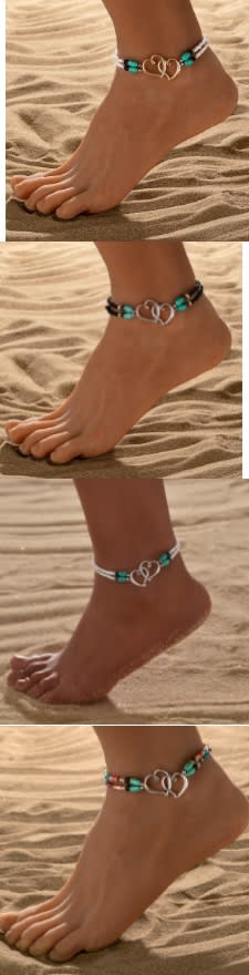 Fashion Vacation Style Alloy Double Heart Bead Turquoise Double Elastic Anklet view 4
