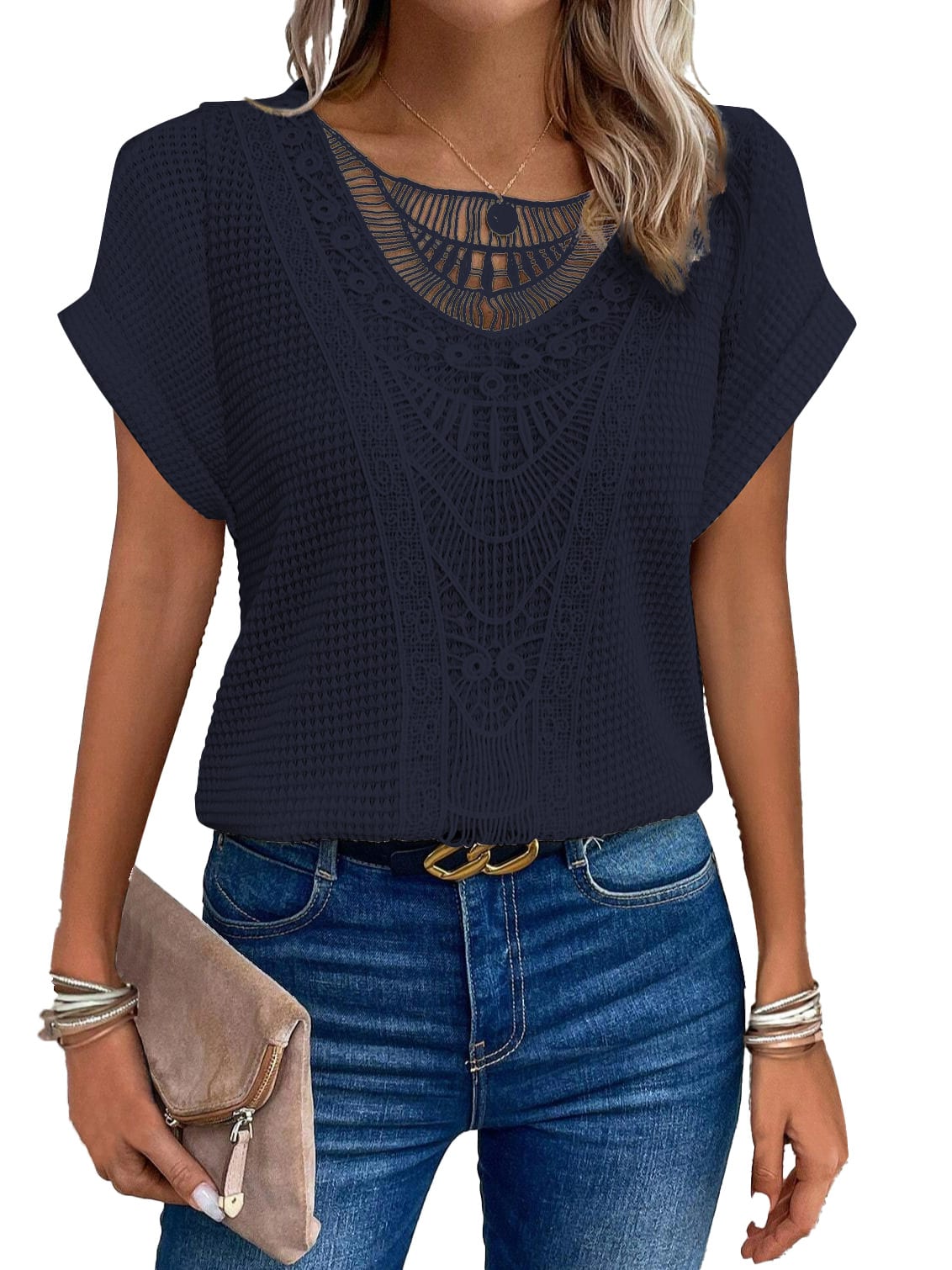 Summer Hollow Out Short-sleeved T-shirt Fashion Ethnic Style Tops Women's Clothing view 10