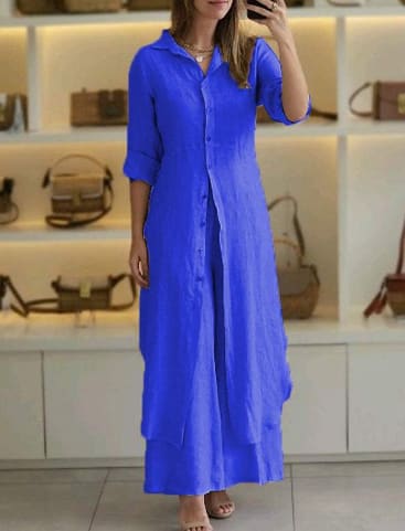 Urban Elegant Cotton And Linen Slim-fit Waist-tight Long Shirt Wide-leg Pants Suit view 2