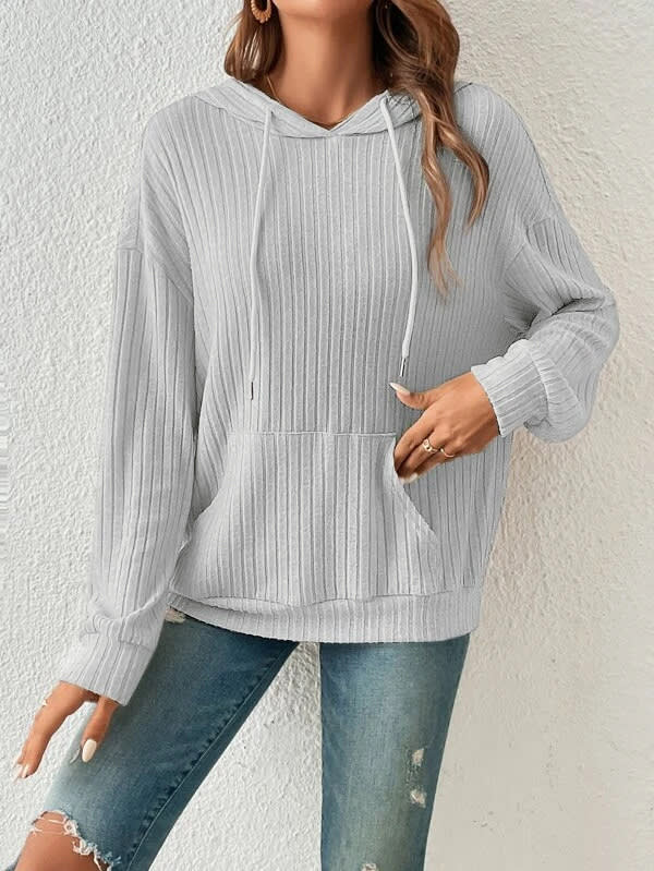 Fashion Drawstring Long-sleeved Hooded Sweatshirt With Pockets Solid Sunken Stripe Hoodie Knitwear Womens Clothing view 2