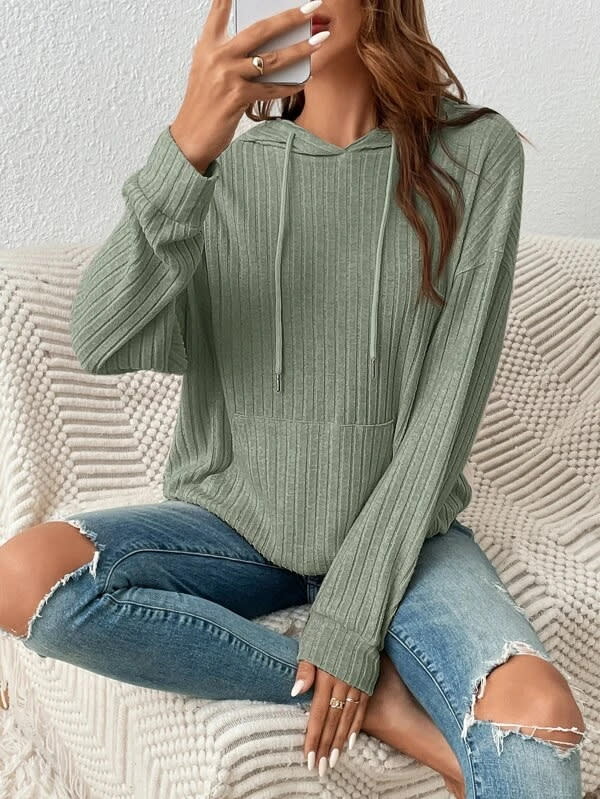 Fashion Drawstring Long-sleeved Hooded Sweatshirt With Pockets Solid Sunken Stripe Hoodie Knitwear Womens Clothing view 8