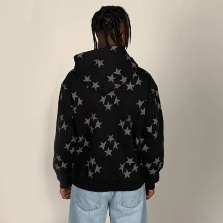 Stars Printed Zipper Hooded Cardigan Couple Fashion Outerwear Hoodies Sweatshirt Street Men Women Coat view 2