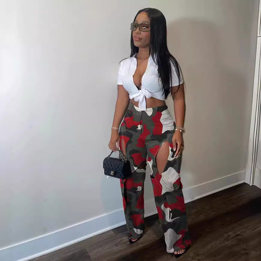 Fashion Digital HD Printing Hole Cross Straight-leg Overalls view 2