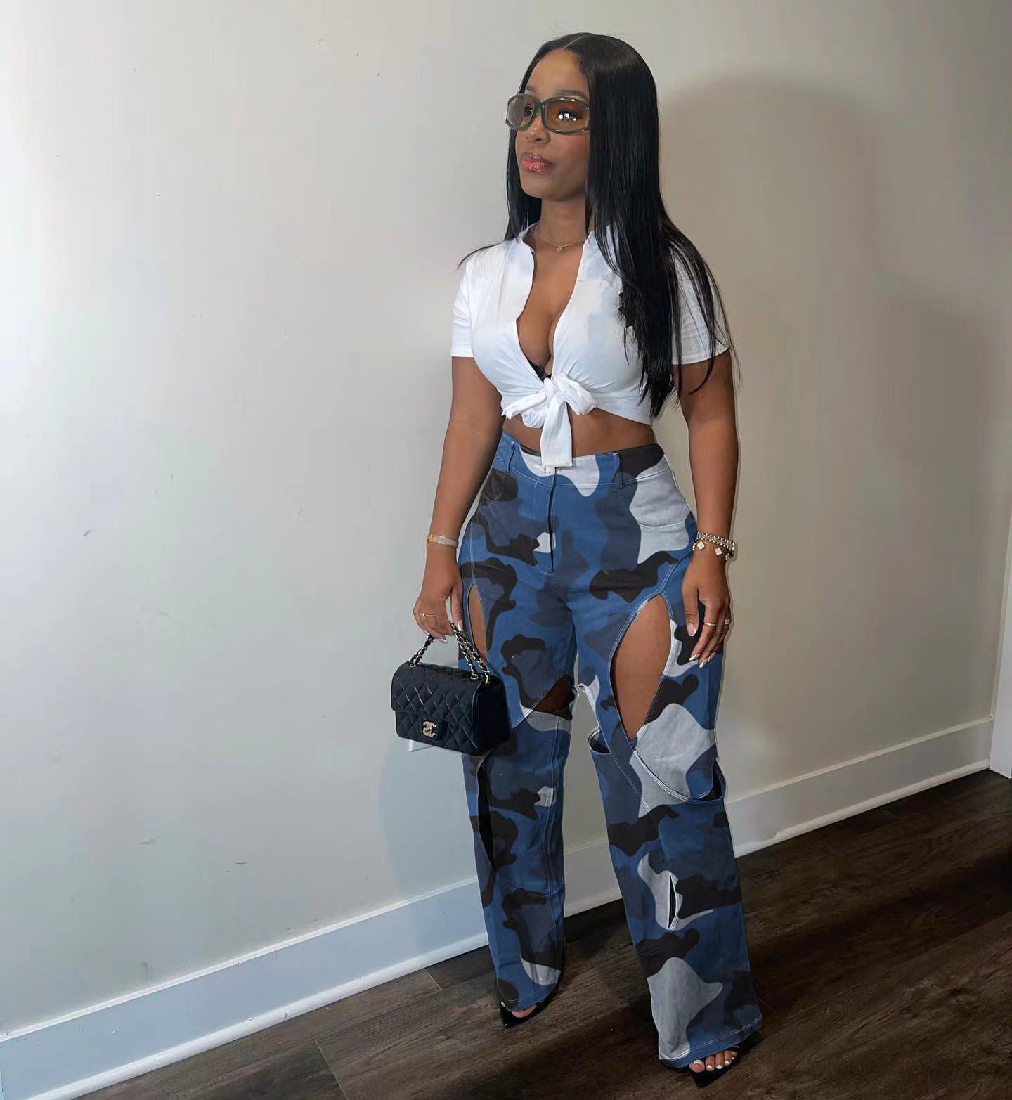 Fashion Digital HD Printing Hole Cross Straight-leg Overalls view 4