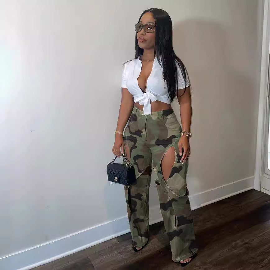 Fashion Digital HD Printing Hole Cross Straight-leg Overalls view 6