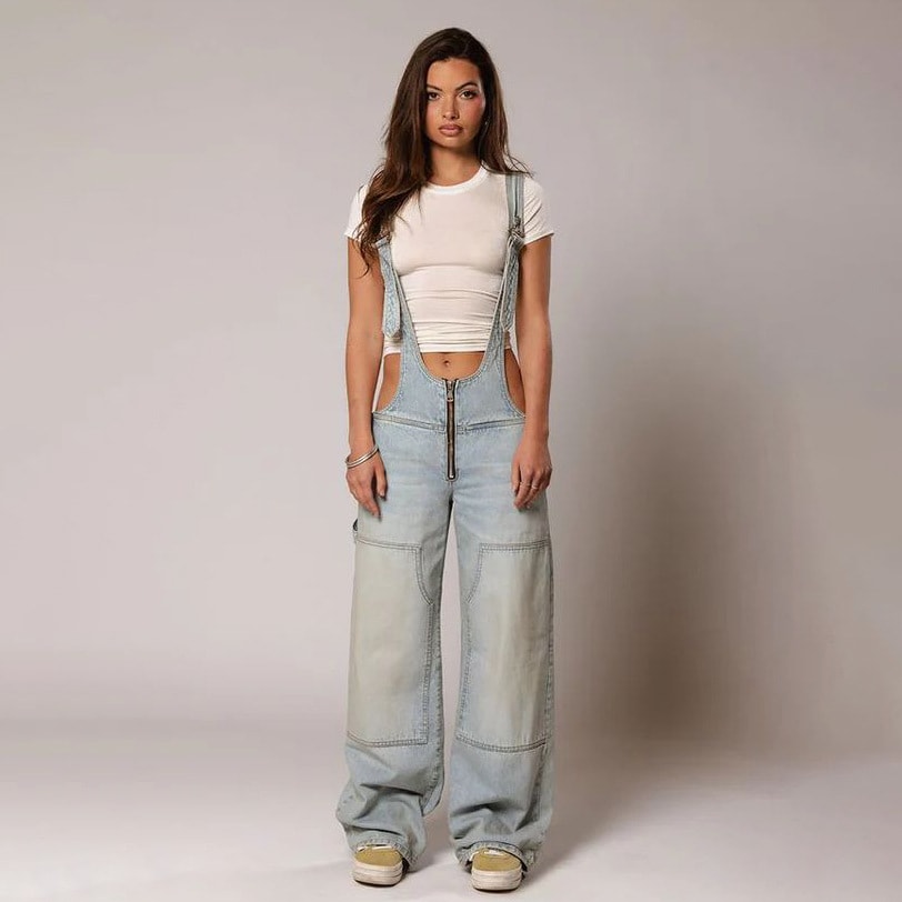 Y2K Zipper Denim Overalls With Pockets Fashion Loose Suspender Jumpsuit Streetwear Jeans Pants Womens Clothing view 8