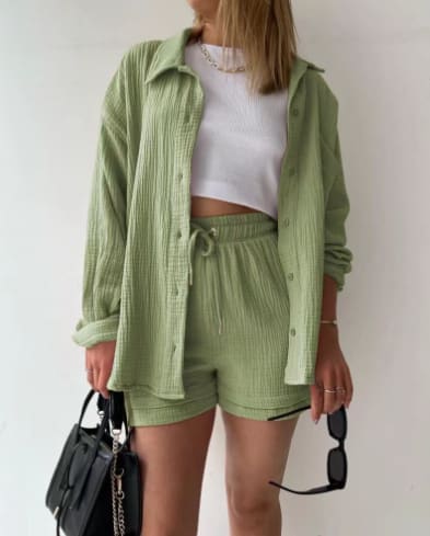 Women's Wrinkled Fabric Lapel Long Sleeved Shirt Shorts Fashion Casual Set view 9
