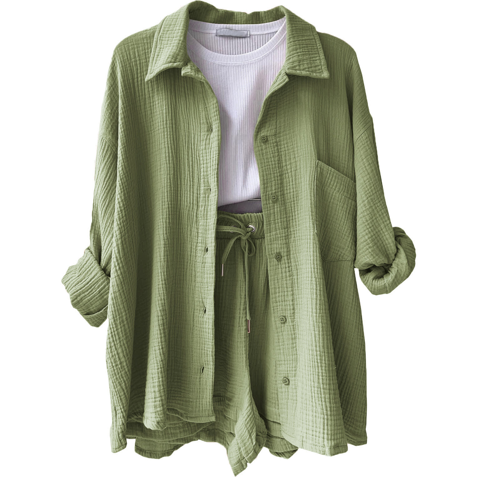Women's Wrinkled Fabric Lapel Long Sleeved Shirt Shorts Fashion Casual Set view 3