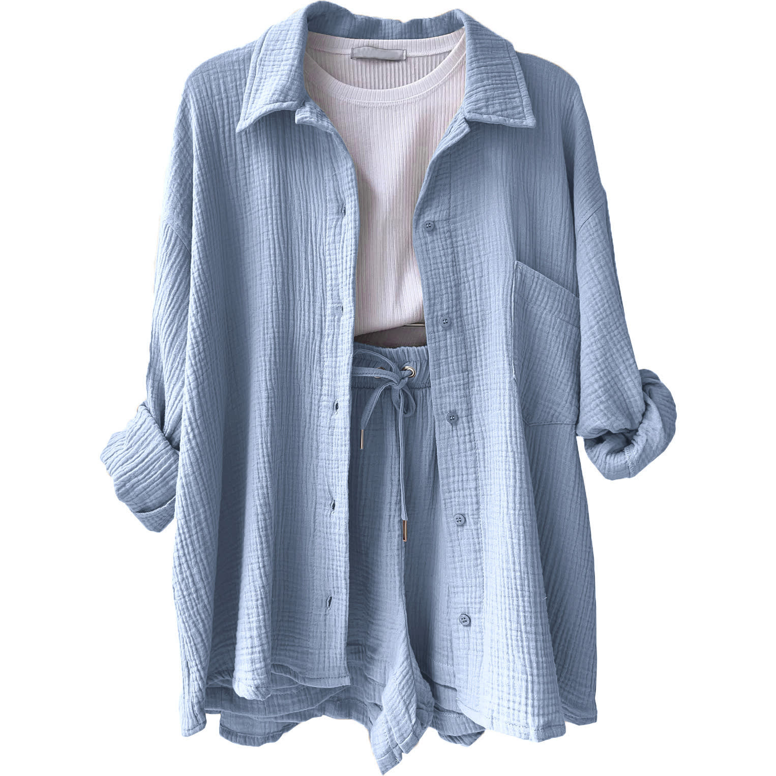 Women's Wrinkled Fabric Lapel Long Sleeved Shirt Shorts Fashion Casual Set view 5