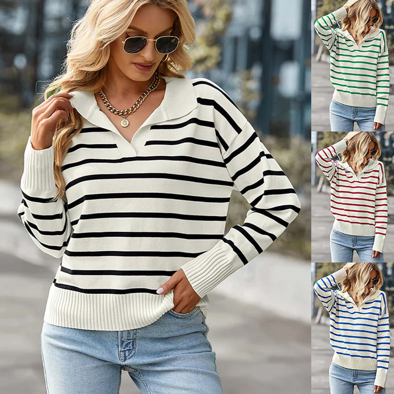 Casual V-neck Lapel Striped Sweater Fashion Long Sleeve Tops For Womens Clothing view 3