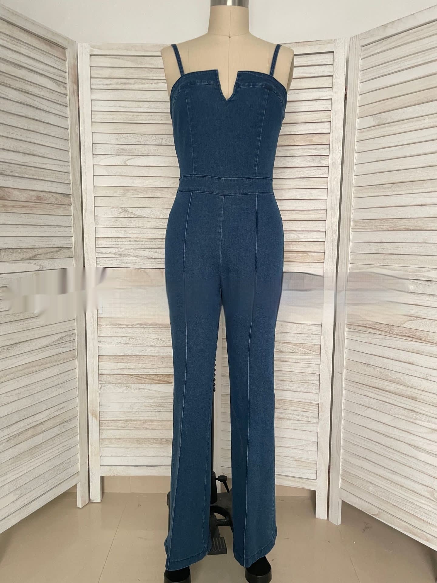 Women Sleeveless Denim Jumpsuit V Neck Wide Leg Flared Jumpsuit High Waist Back Zipper Slim Fit Denim Jumpsuit Jeans Overalls view 7