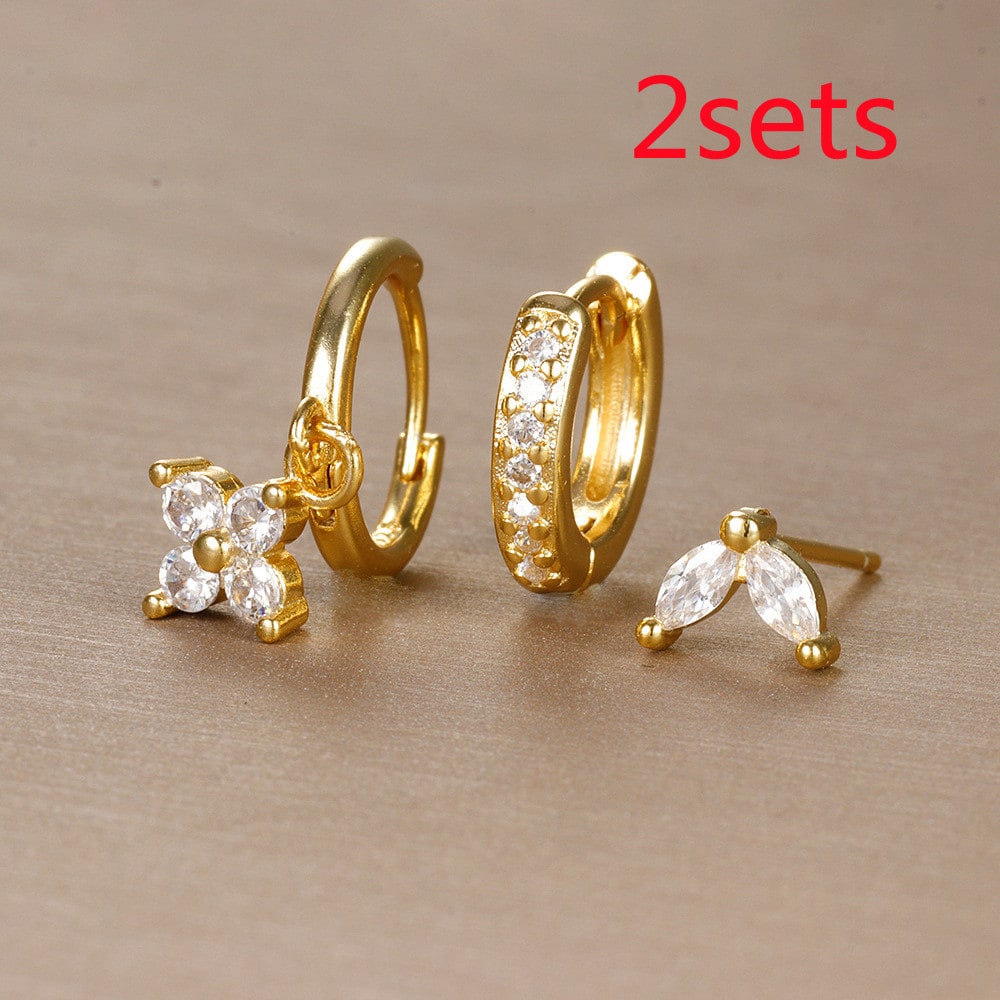 Flower Studded Diamond Stacked Earring Set view 4