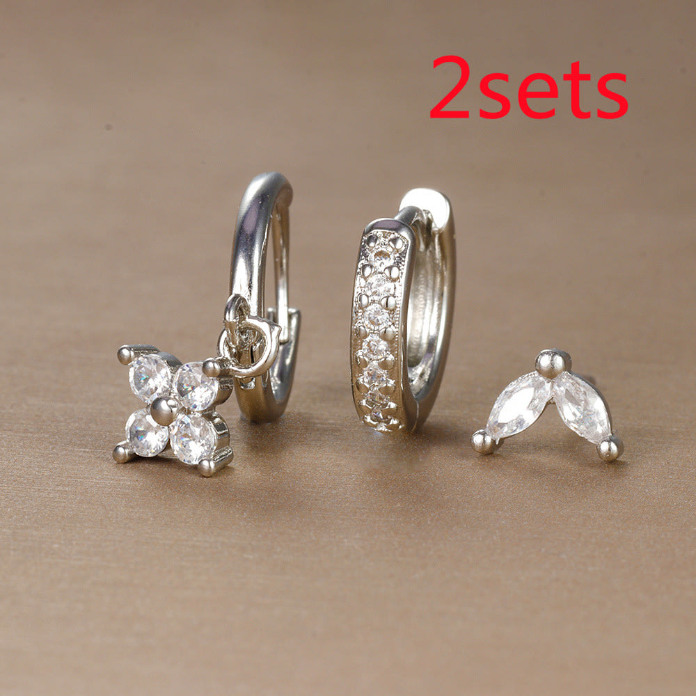 Flower Studded Diamond Stacked Earring Set view 15