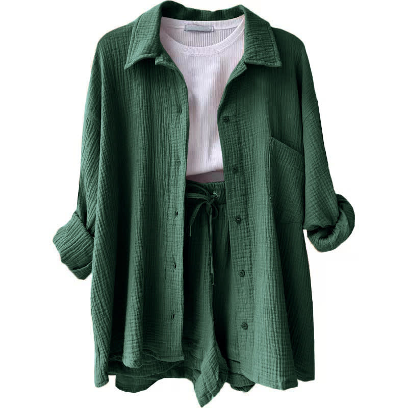 Women's Wrinkled Fabric Lapel Long Sleeved Shirt Shorts Fashion Casual Set view 23