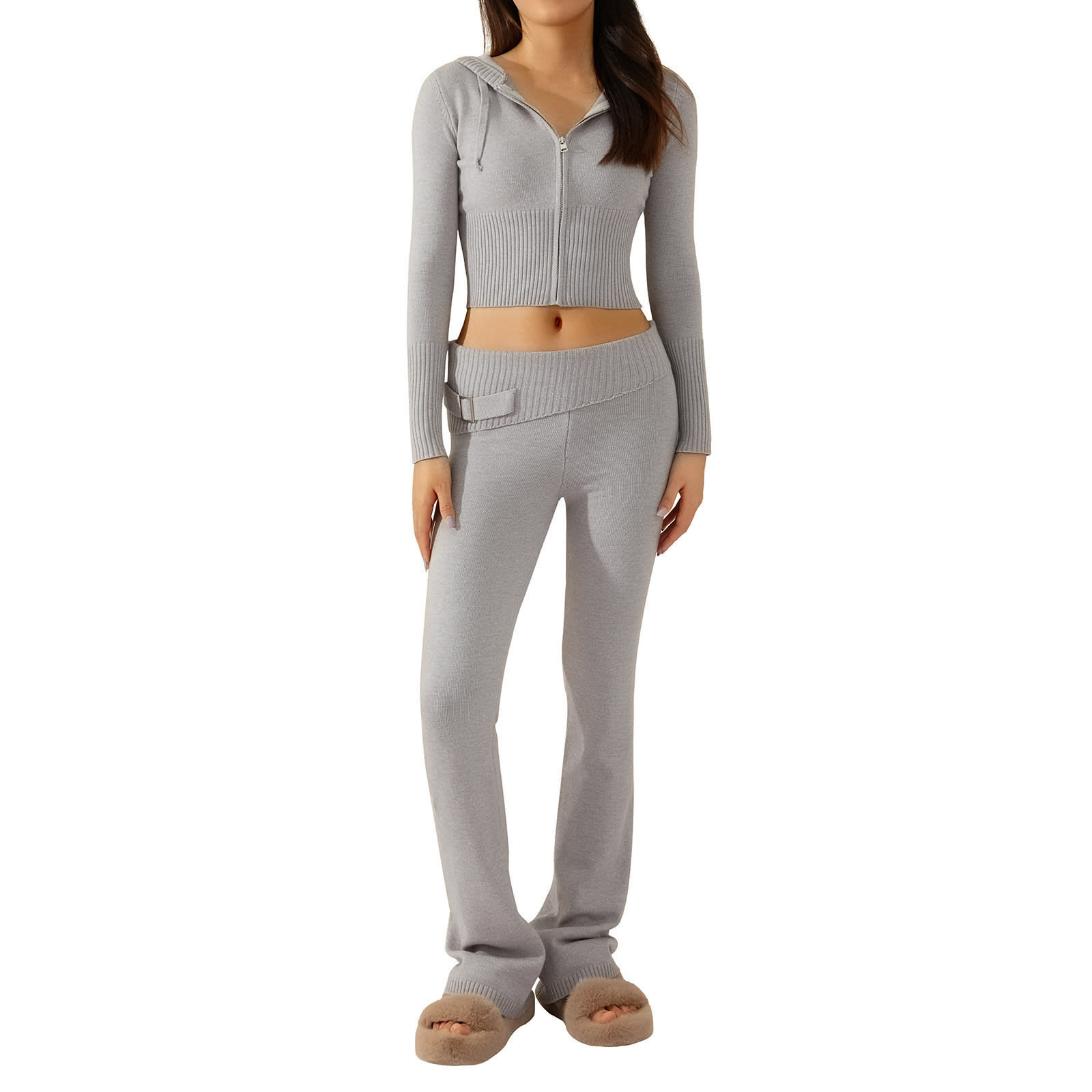 Style Cross-border Knitted Hooded Suits Fashion Sexy High Waist Long Sleeves Trousers Two-piece Set view 9