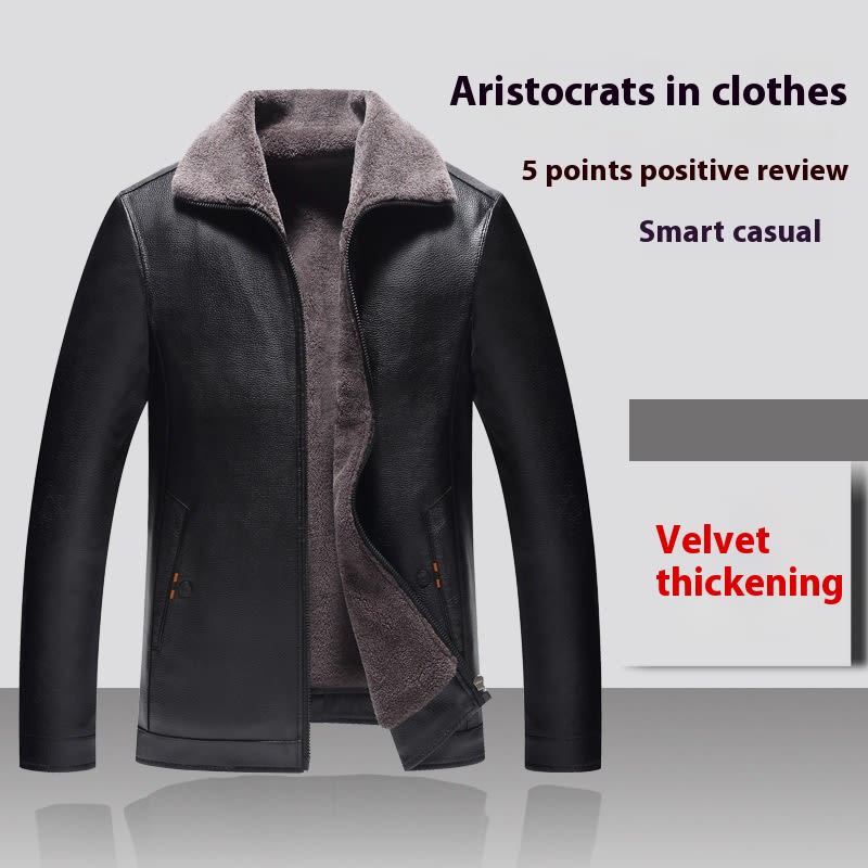 Men's Leather Coat Velvet Stand Collar view 3