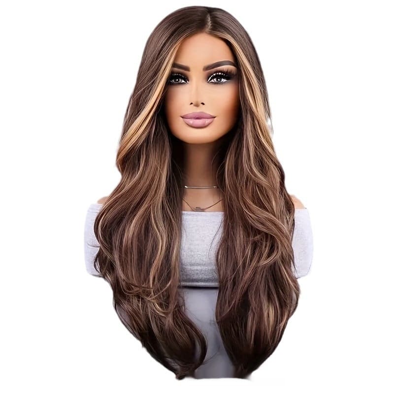 26-inch Elegant Women's Wig Brown Mixed Color Wavy Long Hair Synthetic Fiber Rose Mesh Cap Daily Wear view 5